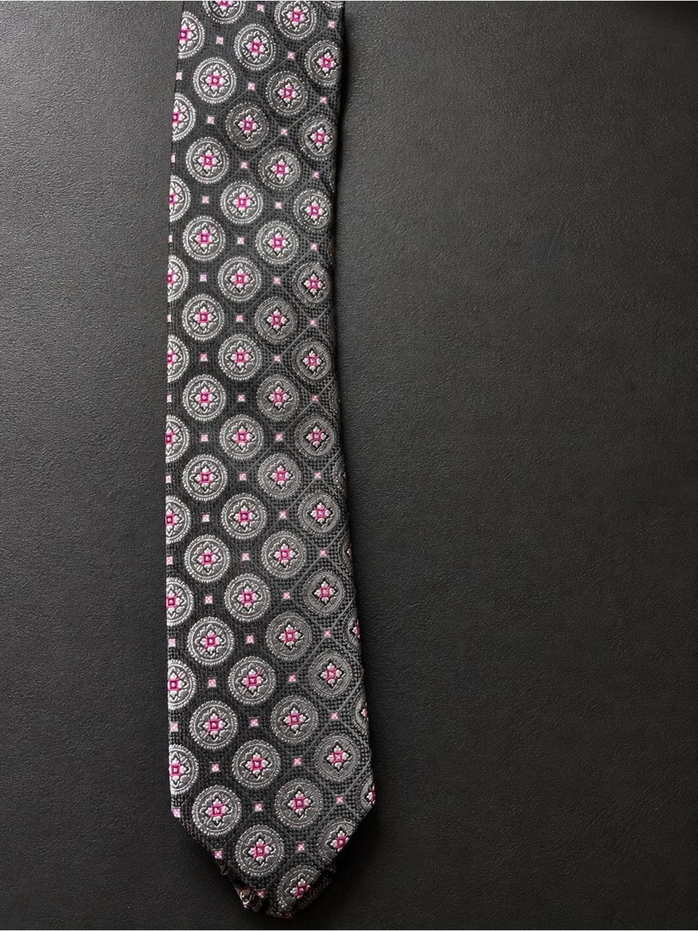 Jos. A. Bank Gray Tie with Pink Medallion Pattern